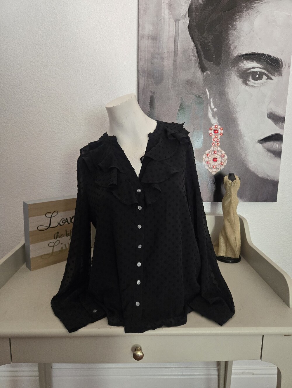 NWT J. Crew Women Black Ruffled Button-Front Blouse Size Medium